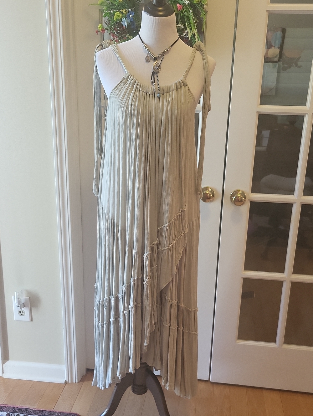 Free People Cream Pleated Tie-Shoulder Maxi Dress
